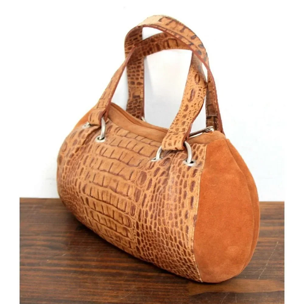 CB Pelletterie BROWN CROCO EMBOSSED GENUINE LEATHER ZIP TOP SMALL HANDBAG PURSE